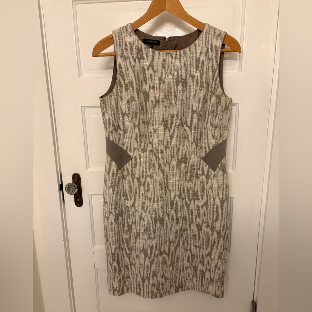 EUC Elegant Lafayette 148 New York Beige and Cream Midi Dress